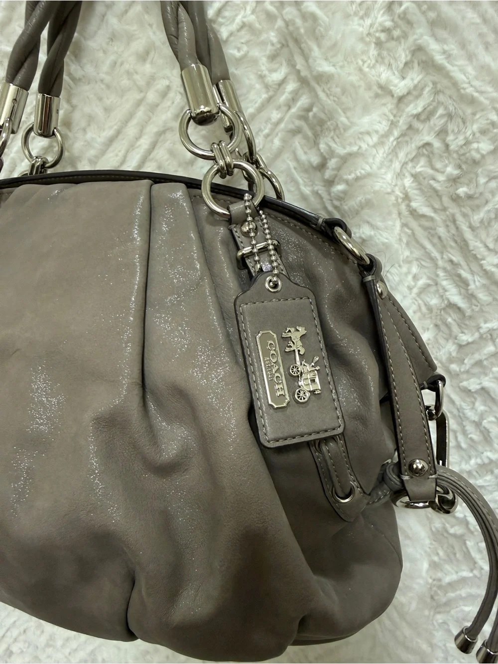 Y2K Coach Sparkly Gray Leather Shoulder Bag with Braided Handles
